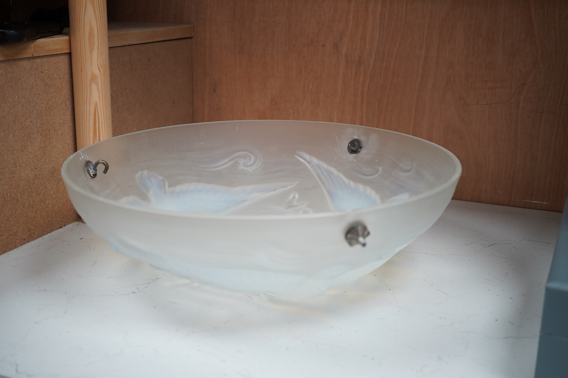 A Lalique style glass plaffonier, decorated with birds and fish, 39cm diameter. Condition - good